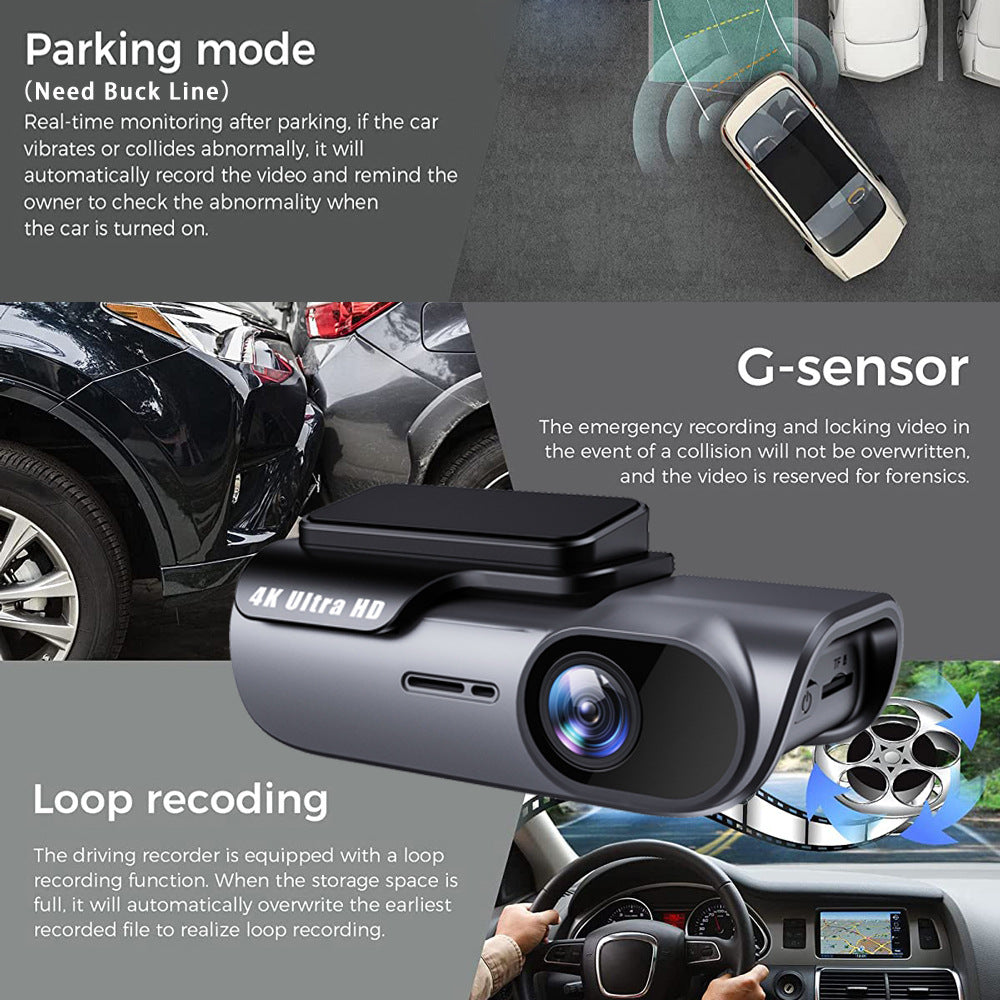 4K Dashcam mit WLAN & Smartphone-Verbindung · Nachtsicht in HD · Zeitraffer · Einfache Installation