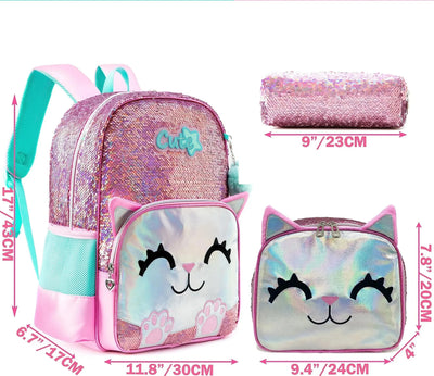 Meetbelifey 3-Piece School Set with Sequins - Backpack + Pouch + Pencil Case