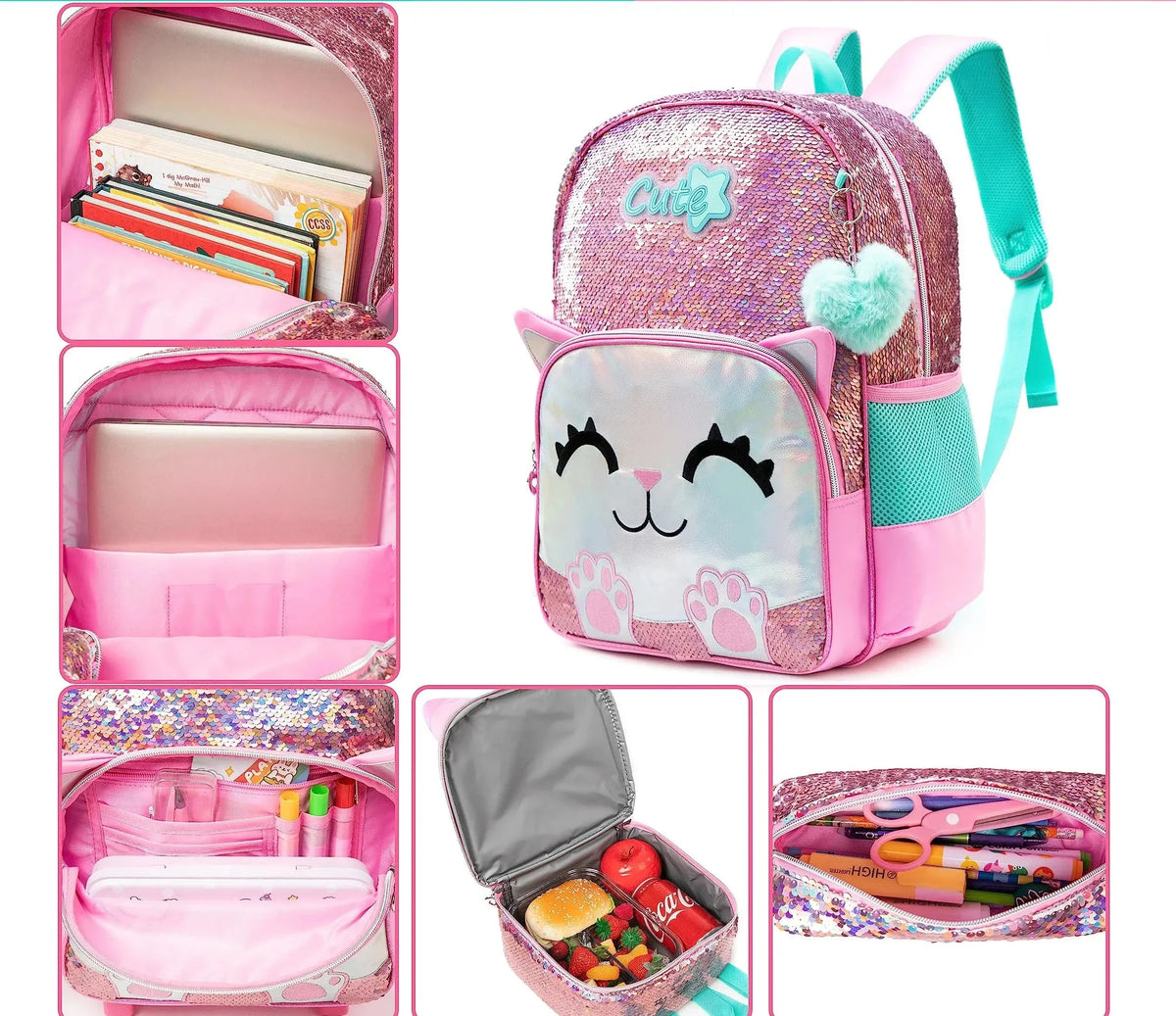 Meetbelifey 3-Piece School Set with Sequins - Backpack + Pouch + Pencil Case