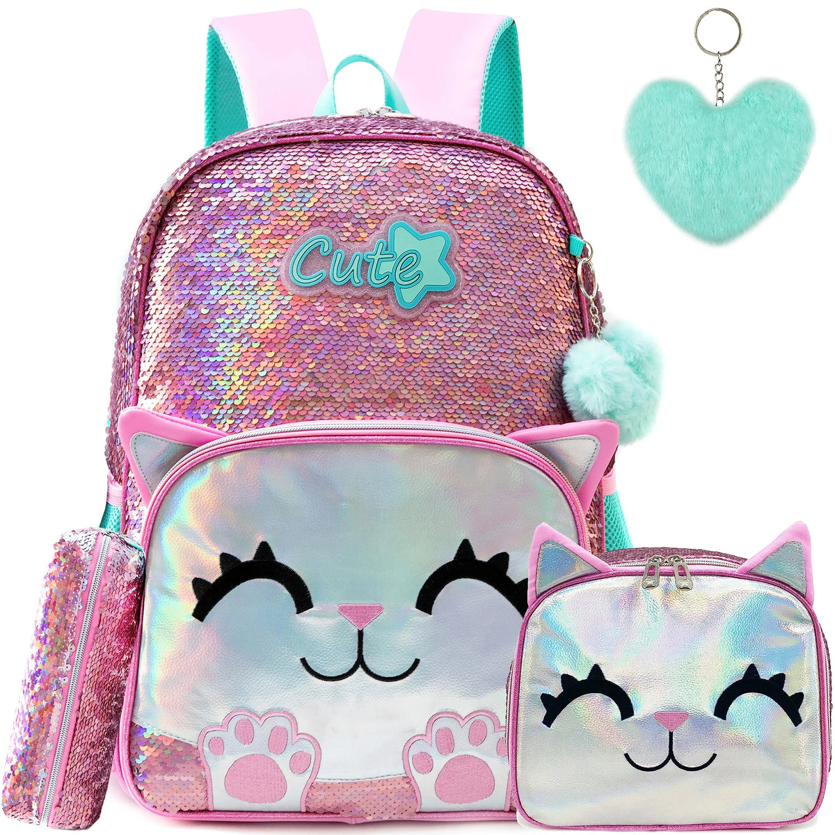 Meetbelifey 3-Piece School Set with Sequins - Backpack + Pouch + Pencil Case