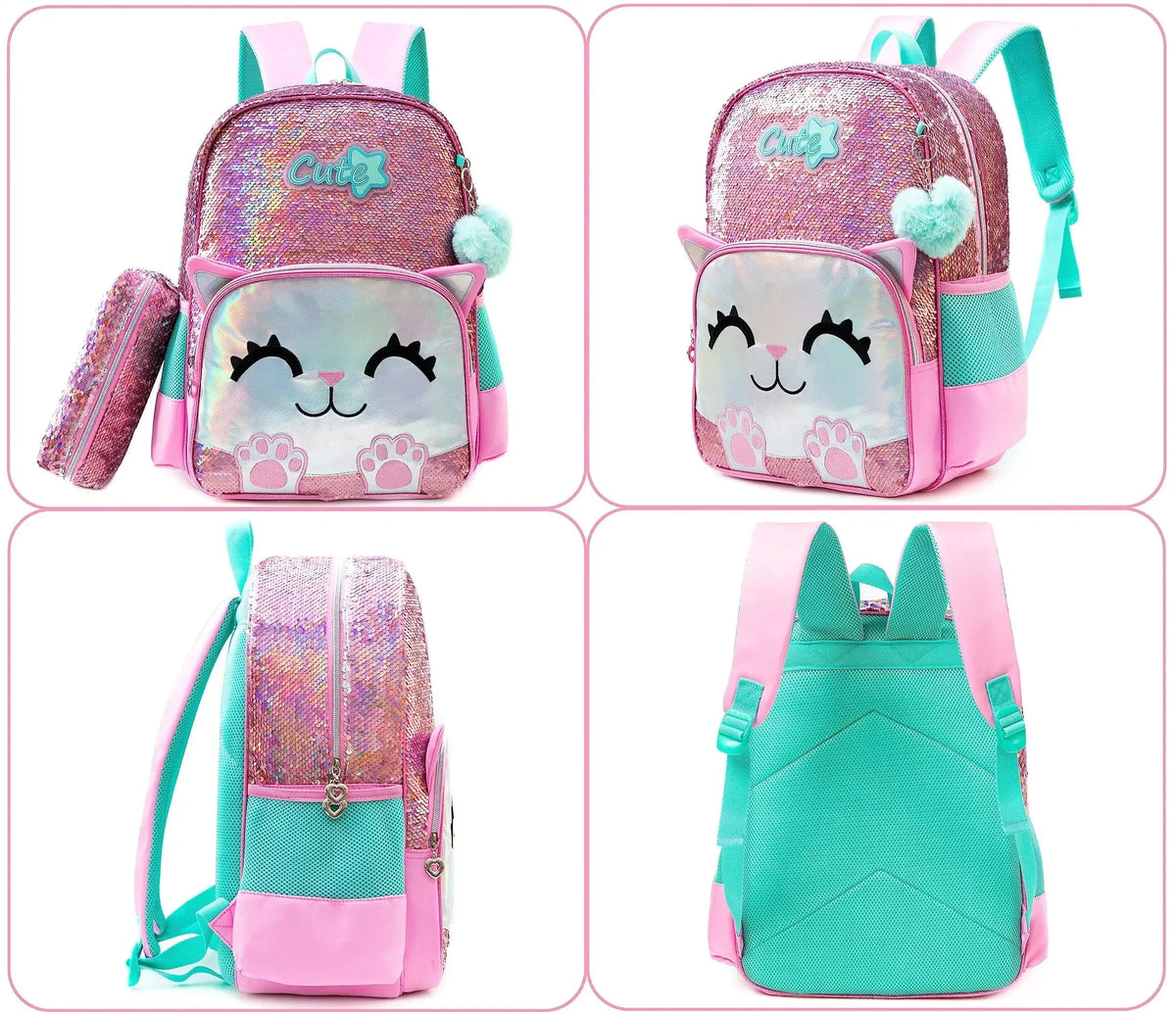 Meetbelifey 3-Piece School Set with Sequins - Backpack + Pouch + Pencil Case